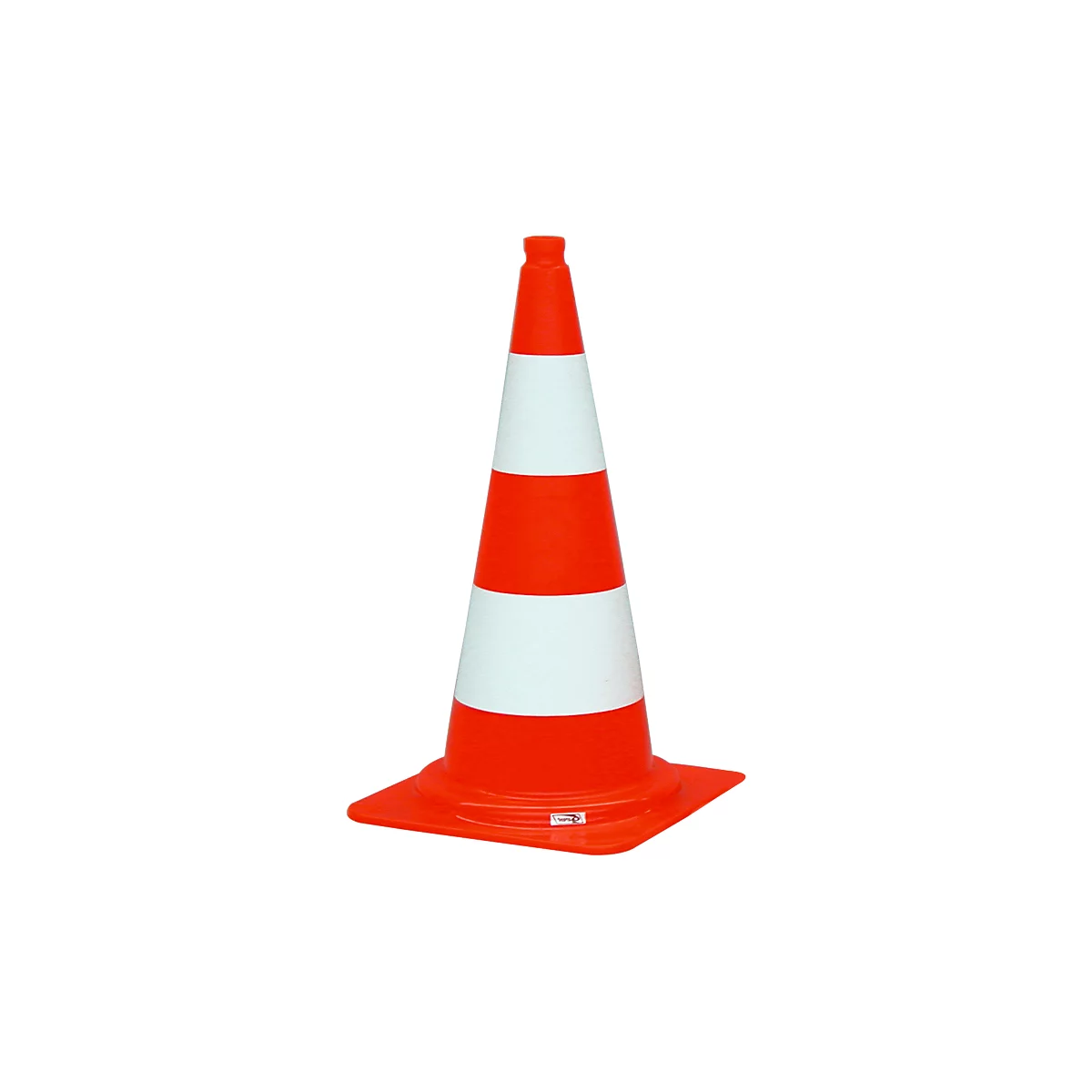 Traffic cone with orange and white stripes. The cone has a square base.