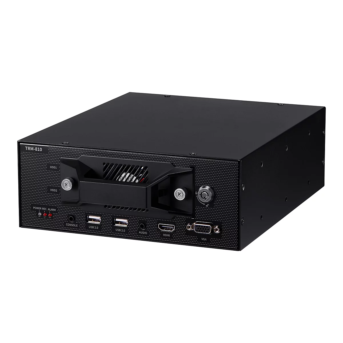 Schwarzer Netzwerk-Videorekorder TRM-810 mit Frontgriff und verschiedenen Anschlüssen auf weißem Hintergrund.