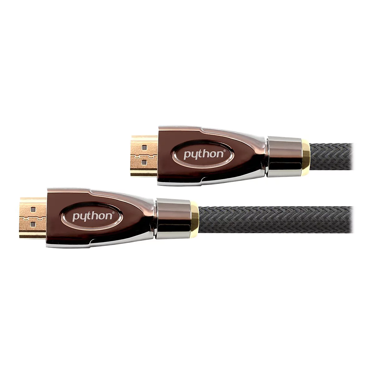 Zwei HDMI-Stecker mit braunem Gehäuse, Python-Logo und goldfarbenen Anschlüssen an geflochtenen Kabeln.