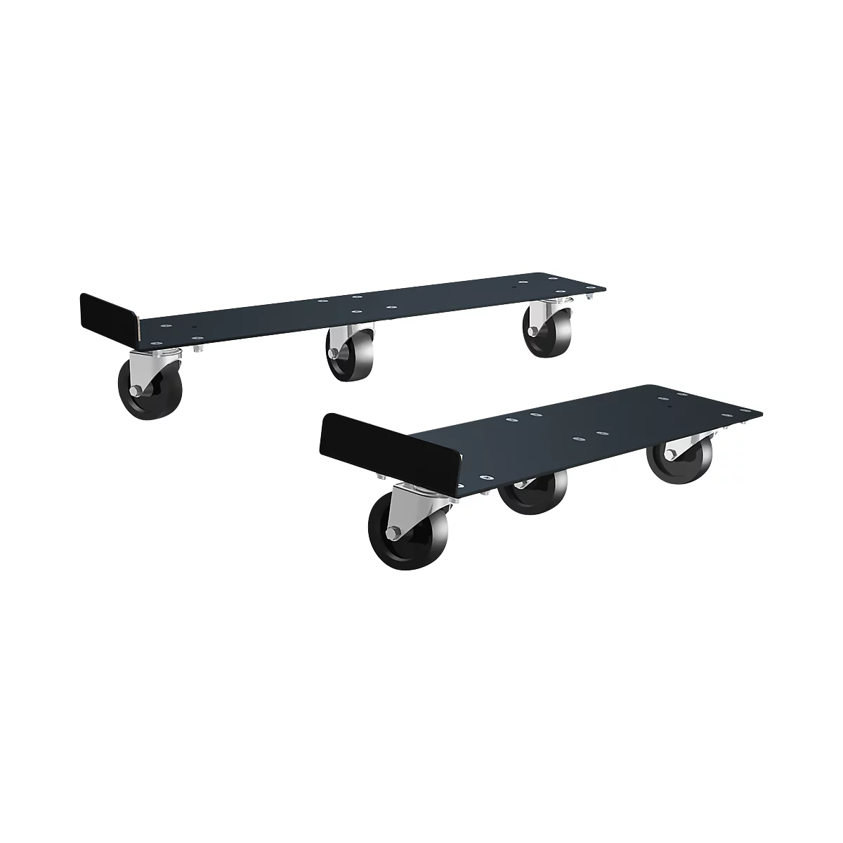 Two black transport rollers with wheels and protective brackets.