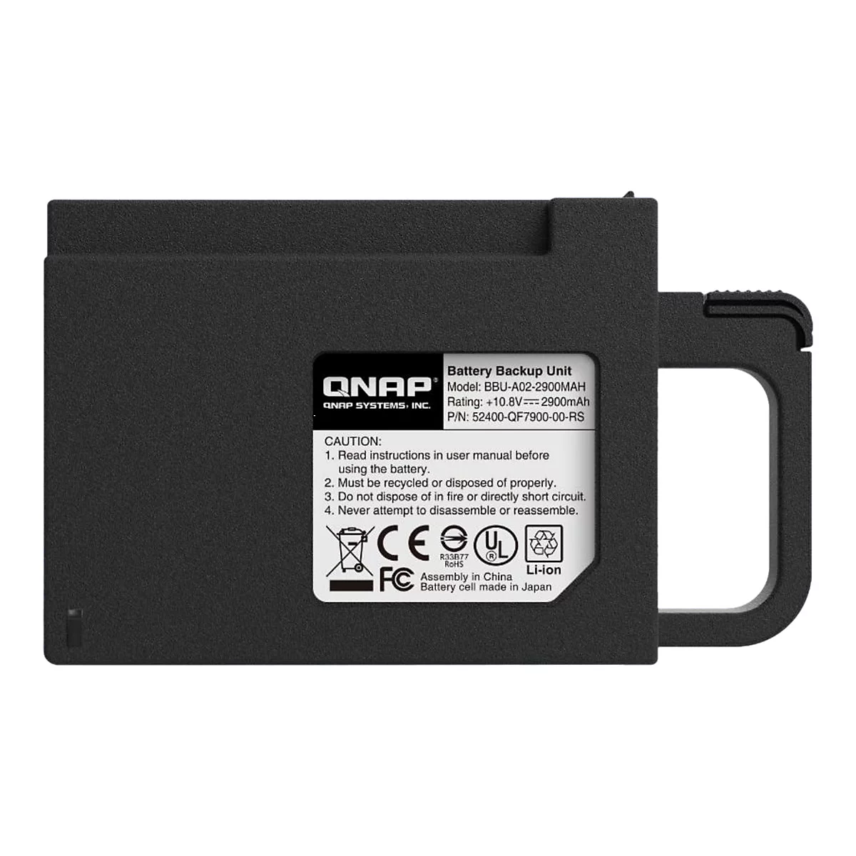 Schwarze Backup-Batterie, rechteckig mit Griff. Aufschrift: QNAP, Modell, Warnhinweise, Logos.