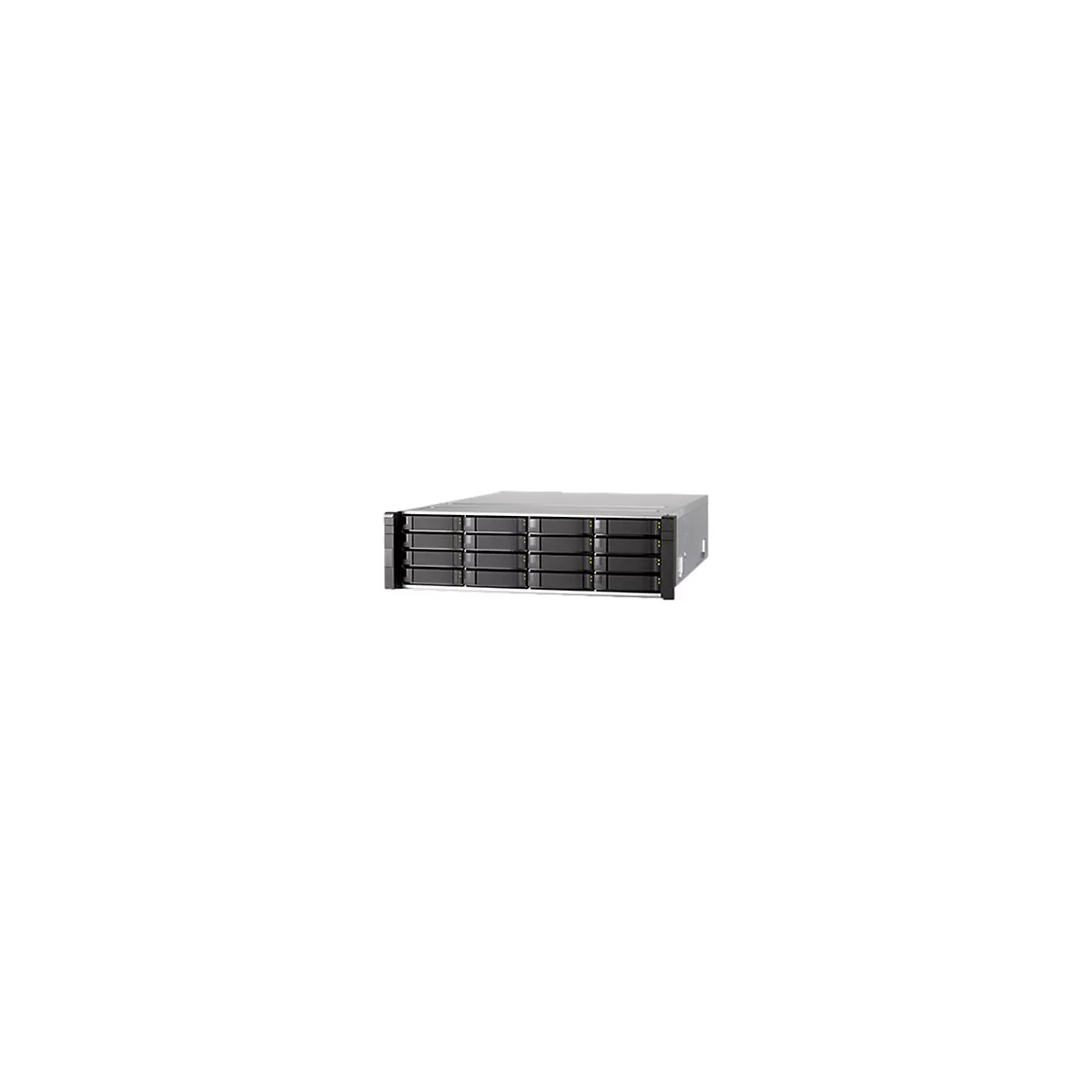Rack-Server-Gehäuse mit 16 schwarzen Festplatteneinschüben vor weißem Hintergrund.