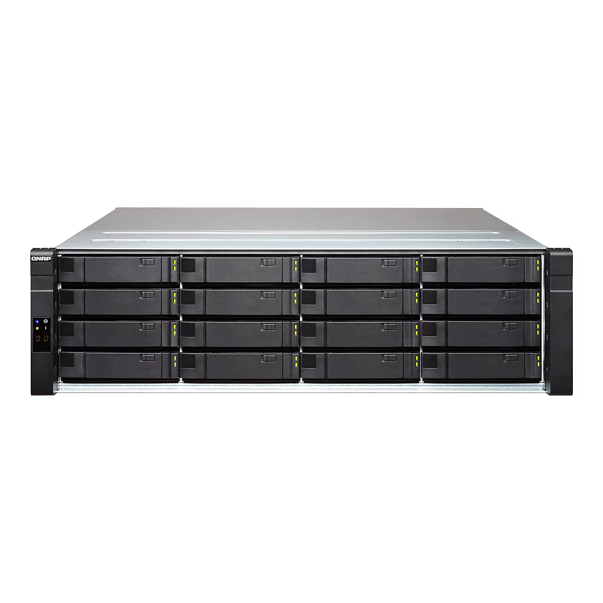 Schwarzer QNAP 16-Bay NAS-Server in Metallgehäuse vor weißem Hintergrund.