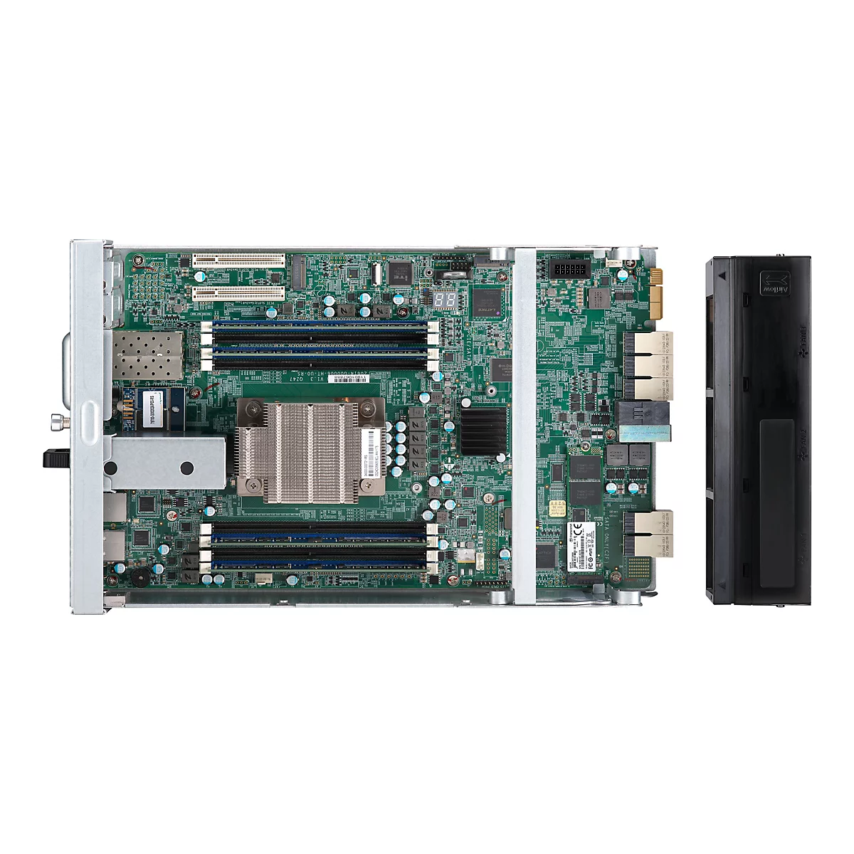 Ein Computer-Server-Mainboard mit Prozessorkühler, RAM-Steckplätzen und verschiedenen Ports, daneben ein schwarzes, vertikales Gehäuse mit der Aufschrift Airflow.