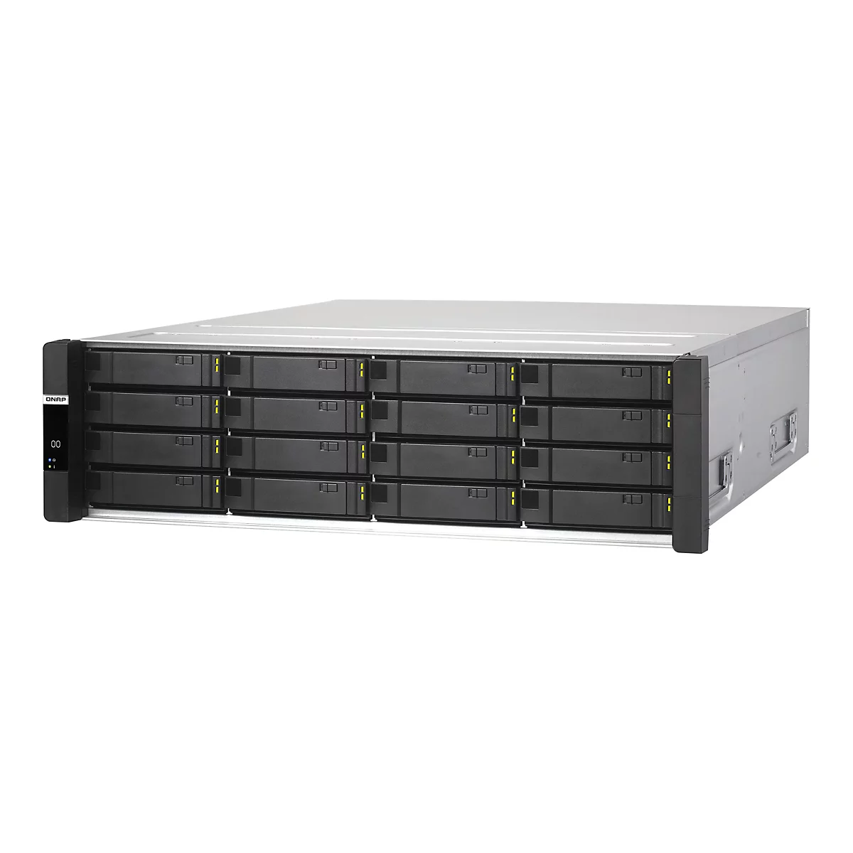 QNAP Rackmount-NAS-Server mit 16 schwarzen Festplatteneinschüben vor neutralem Hintergrund.
