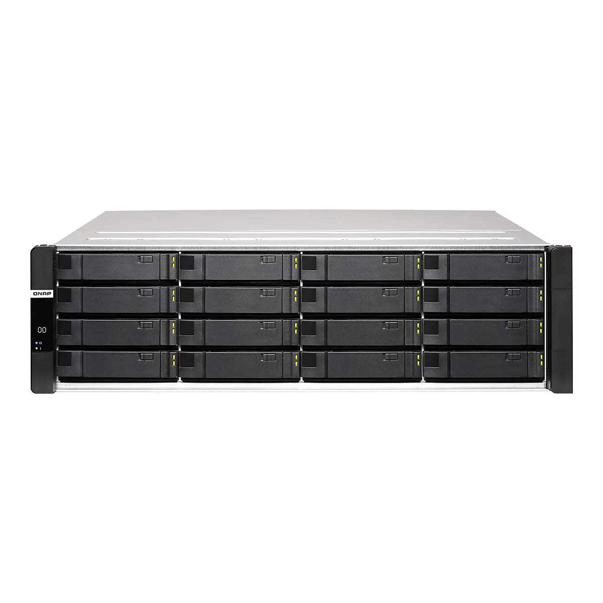 QNAP Rackmount-NAS-System mit 16 Festplatteneinschüben vor neutralem Hintergrund.