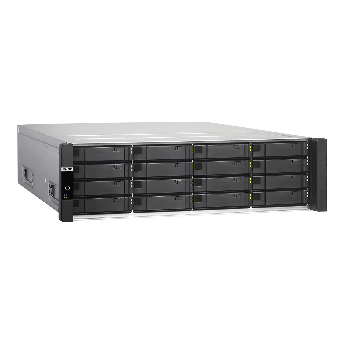 Silbernes QNAP NAS-Gehäuse für den Rack-Einbau mit 12 schwarzen Laufwerksschächten vor weißem Hintergrund.