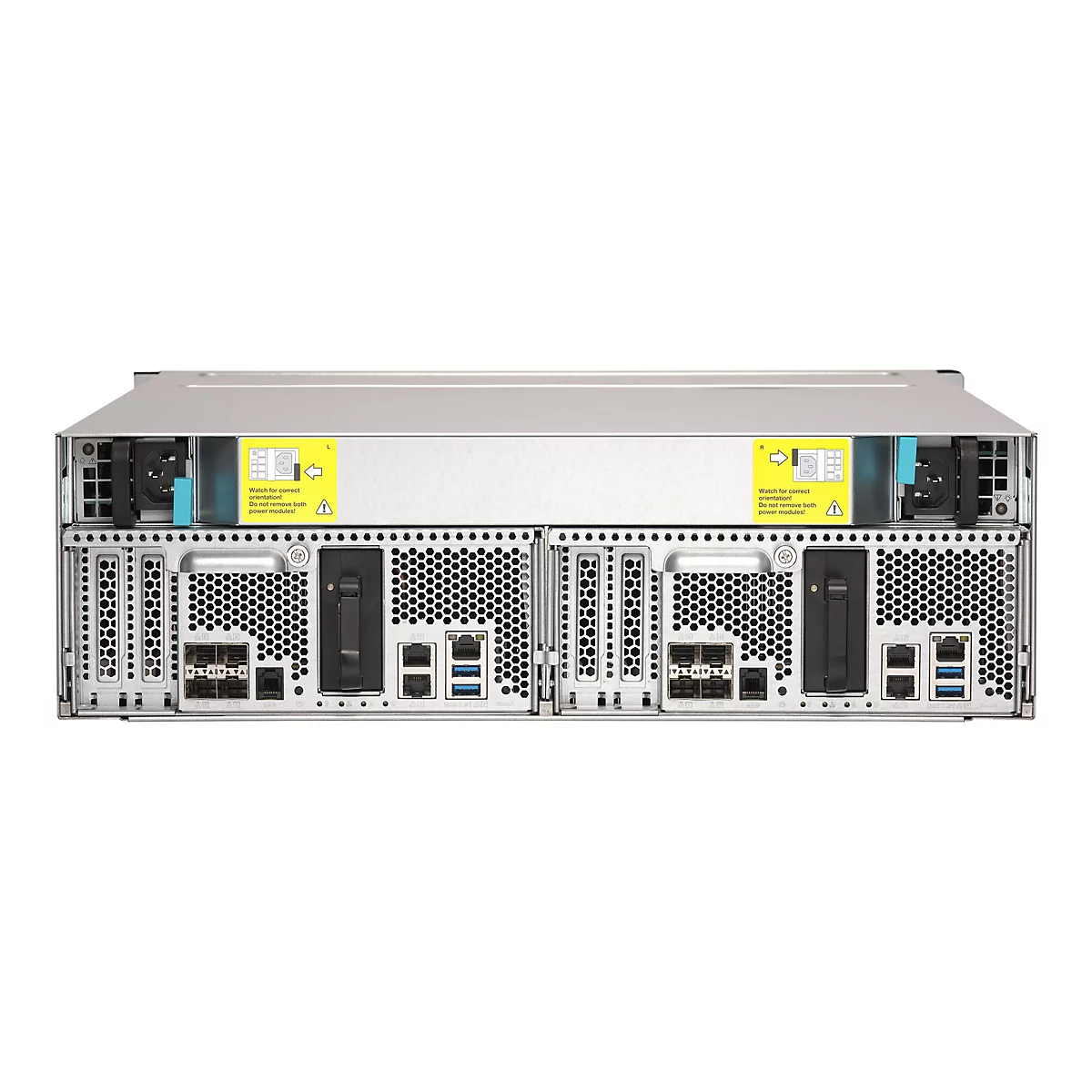 Rückseite eines Servers mit zwei Netzteilen und zahlreichen Anschlüssen vor weißem Hintergrund.
