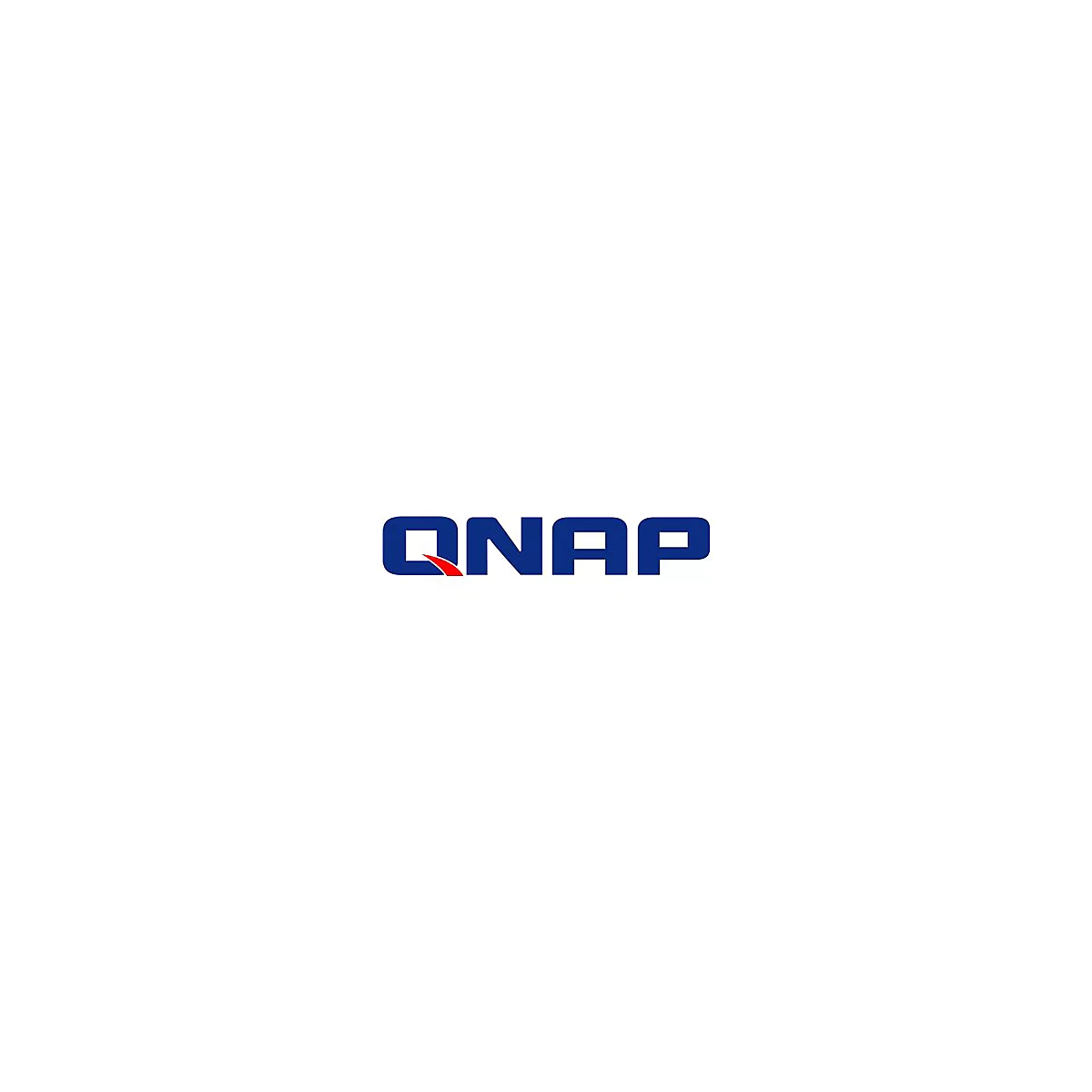 Blaues QNAP-Logo mit einem geschwungenen roten Element unter dem Buchstaben Q auf weißem Hintergrund.