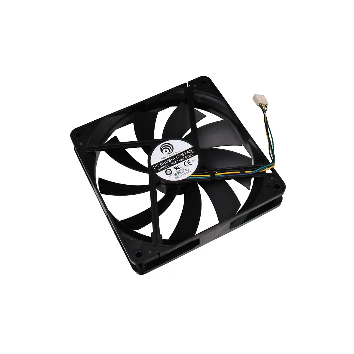 Ein schwarzer Lüfter mit acht Rotorblättern, Kabel und Aufkleber mit Schriftzug.