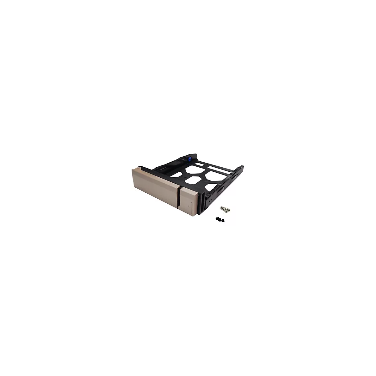 Ein Computer-Festplattenträger in Beige und Schwarz, mit Schrauben auf weißem Hintergrund.