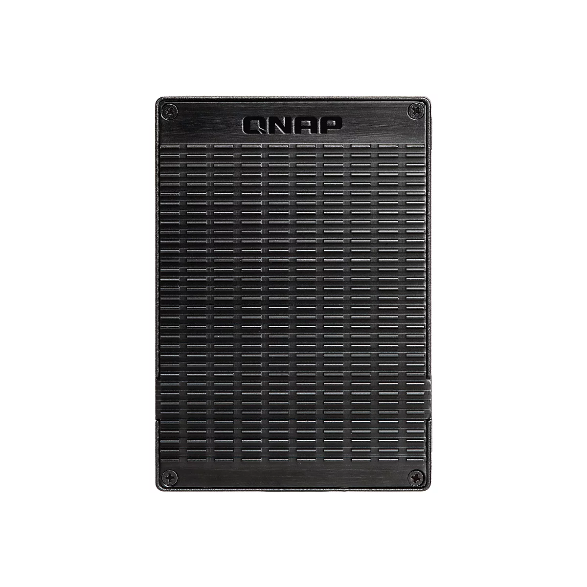 Schwarzes QNAP-Gerät mit horizontalen Rillen und dem QNAP-Logo.