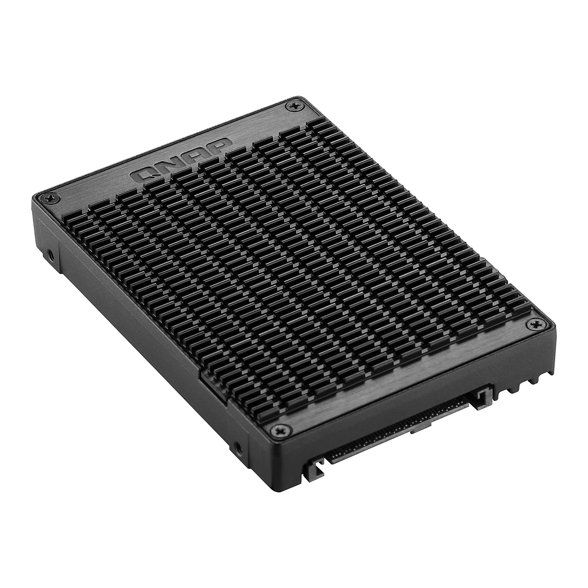 Schwarze Festplatte mit QNAP-Logo und Kühlrippen, Schrauben halten Gehäuse zusammen.