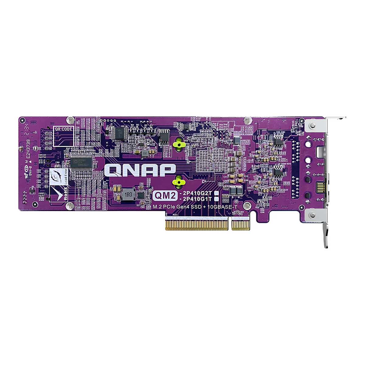 Violette QNAP QM2 Erweiterungskarte mit M.2 PCIe Gen4 SSD und 10GBASE-T Anschlüssen vor weißem Hintergrund.