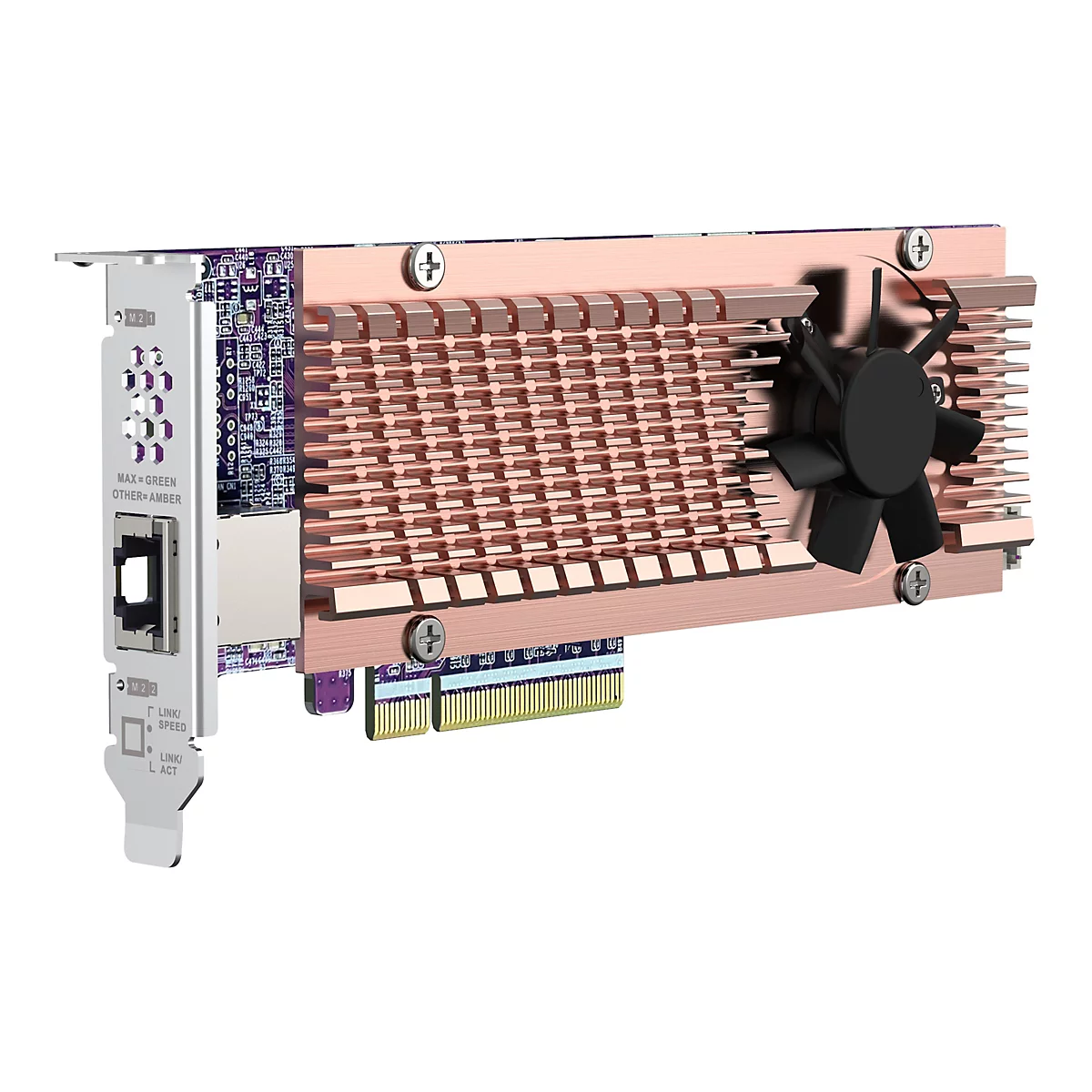 Netzwerkkarte mit kupferfarbenem Kühlkörper und Lüfter vor violettem PCB, isoliert auf weißem Hintergrund.