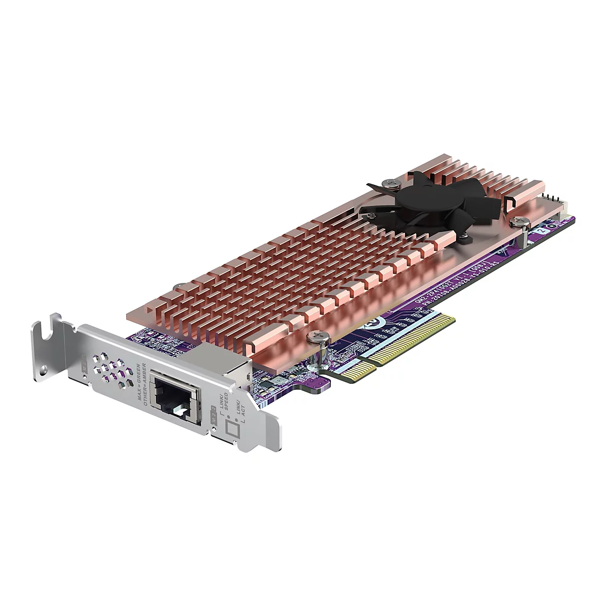 Eine PCIe-Erweiterungskarte mit Kupfer-Kühlkörper, Lüfter und einem Ethernet-Anschluss auf lilafarbener Platine.