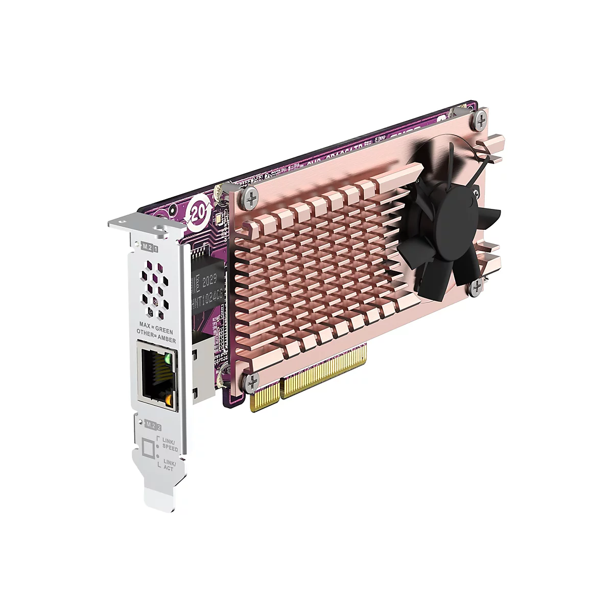 Une carte réseau matérielle pour ordinateur avec dissipateur thermique et ventilateur, sur fond blanc.