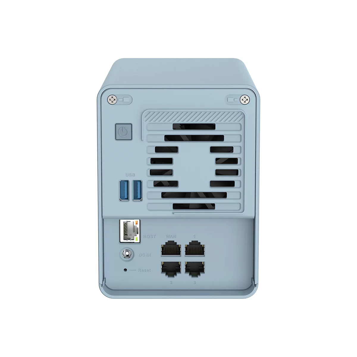 Hellblaues NAS-Gerät. Auf der Rückseite: USB, Lüftungsschlitze, Netzwerkanschlüsse und Ein-/Ausschalter.