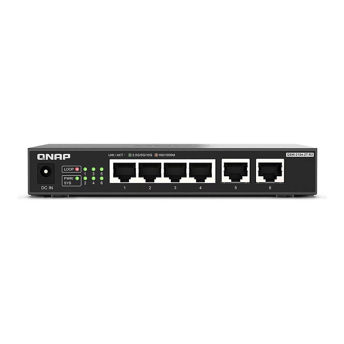 Ein schwarzer QNAP Switch mit sechs Ethernet-Ports. Auf der Oberseite befinden sich LED-Anzeigen, Anschlüsse und Produktinformationen.
