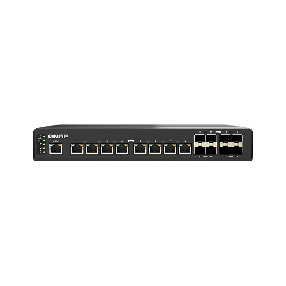 Schwarzer Netzwerk-Switch von QNAP mit mehreren Anschlüssen, beschriftet mit Zahlen und SFP+.