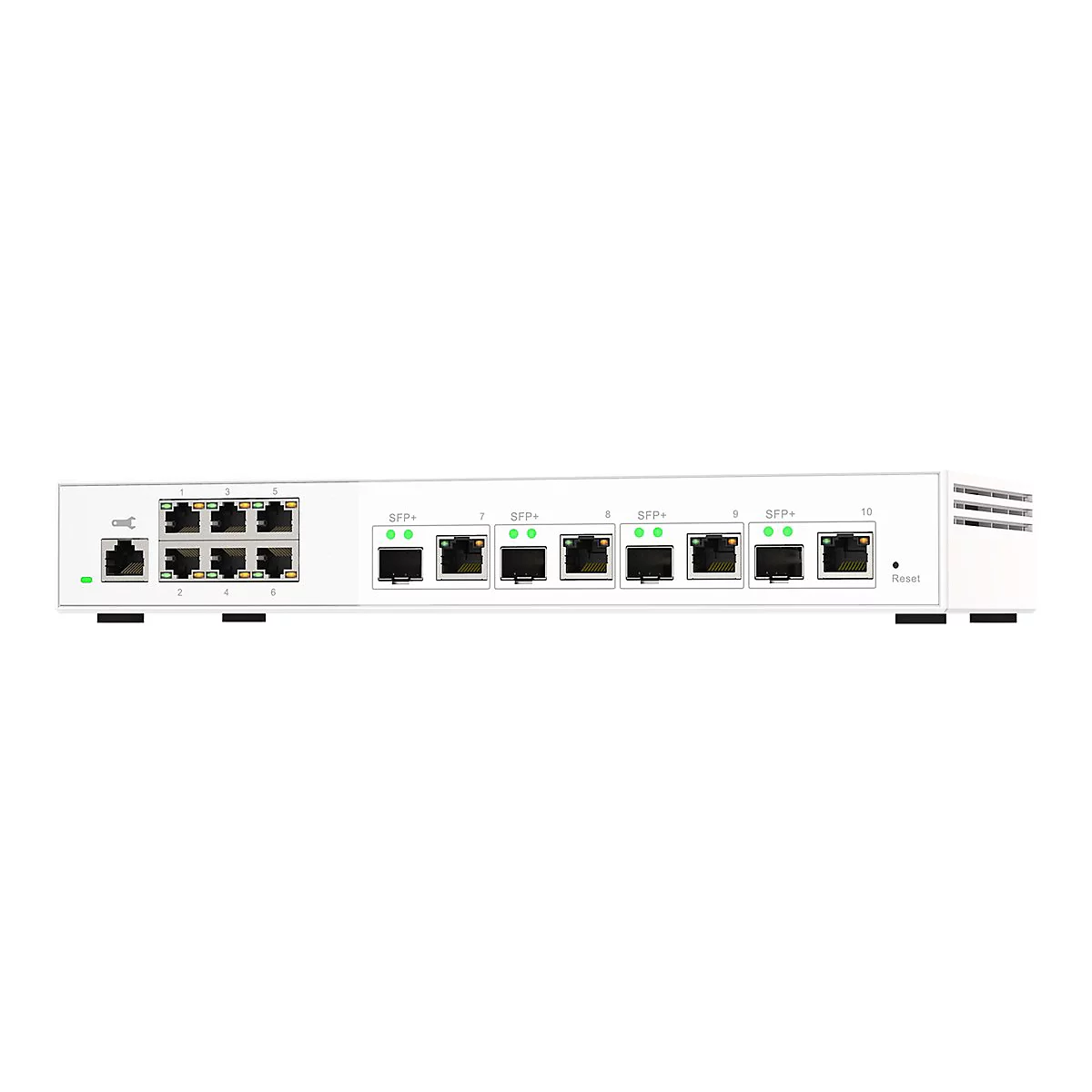Ein weißer Netzwerk-Switch mit mehreren Ports und Beschriftungen: SFP+ und Nummern. Auf weißem Hintergrund.