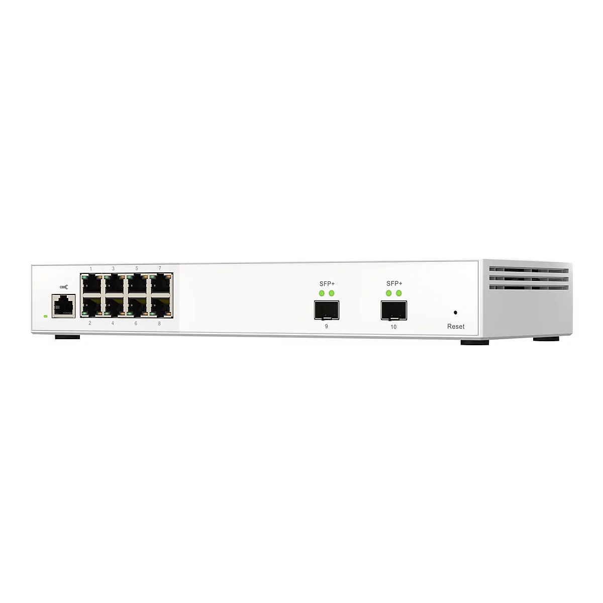 Ein weißer Router mit zahlreichen Anschlüssen, nummeriert von 1 bis 10. Auf der Oberfläche befinden sich grüne Kontrollleuchten und die Bezeichnung „Reset“.