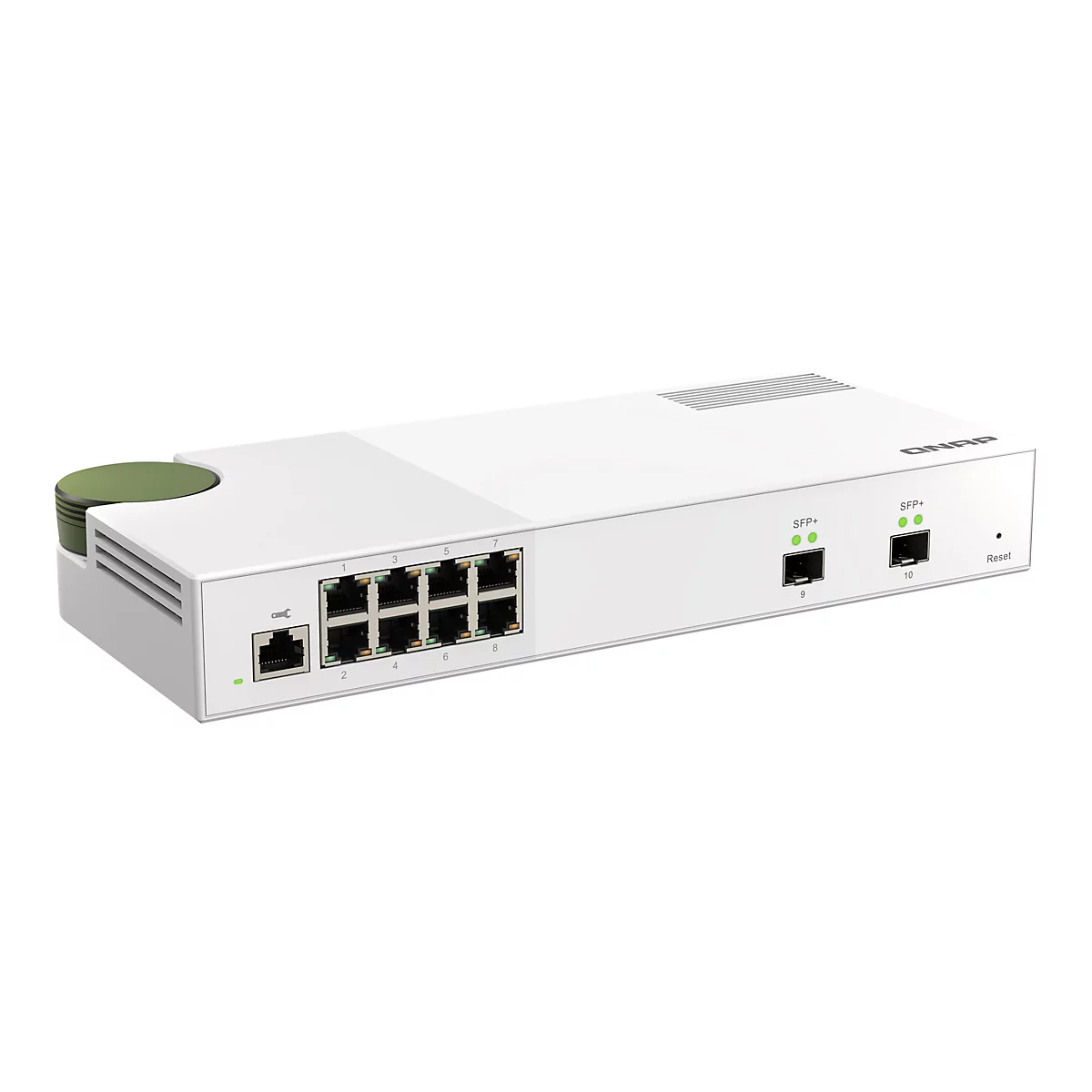 Weißer Netzwerk-Switch mit Ports und grünen LEDs. Auf der Oberseite steht "QNAP".