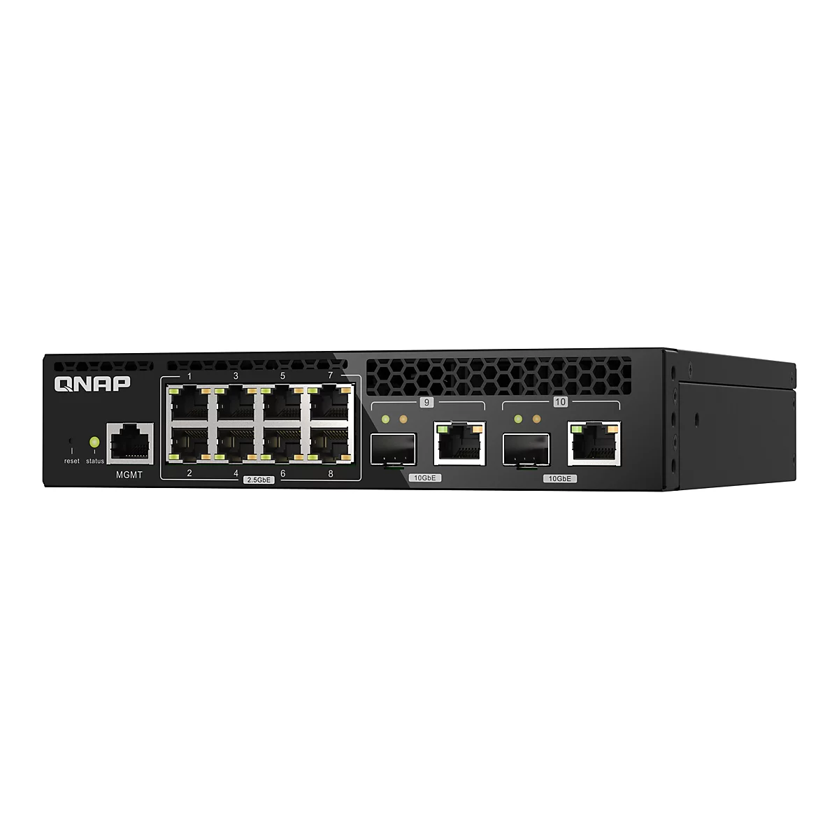 Ein schwarzer QNAP-Switch mit Netzwerkanschlüssen. Er hat das QNAP-Logo, verschiedene Ports mit Beschriftungen wie "MGMT" und "2.5GbE" und Kontrollleuchten.