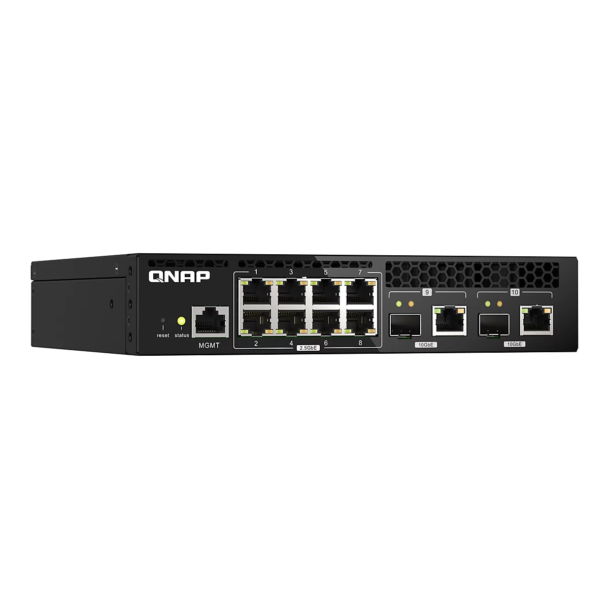 Schwarzer QNAP Netzwerk Switch, vorn mit Anschlüssen und Anzeigen, beschriftet mit QNAP, Reset und Status.