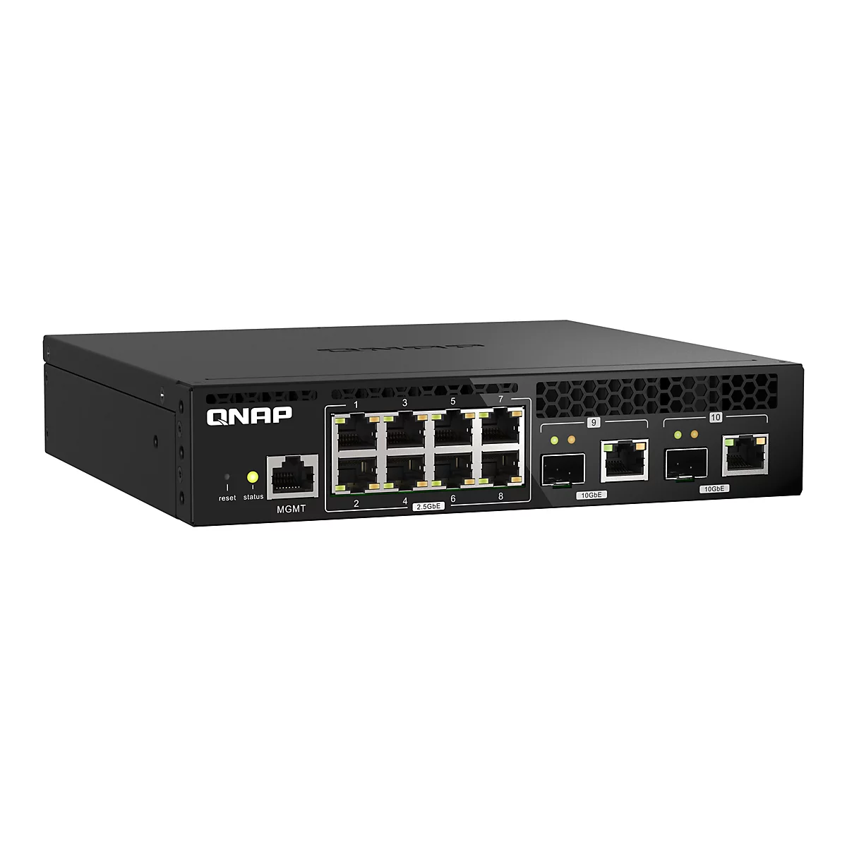 Schwarzer Netzwerk-Switch mit Ports und Beschriftungen: QNAP, Reset, Status, MGMT, 2.5GbE, 10GbE.