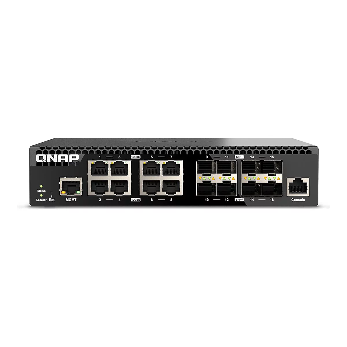 Commutateur réseau noir avec ports et étiquettes : QNAP, État, 10GbE, SFP+, MGMT, Console.