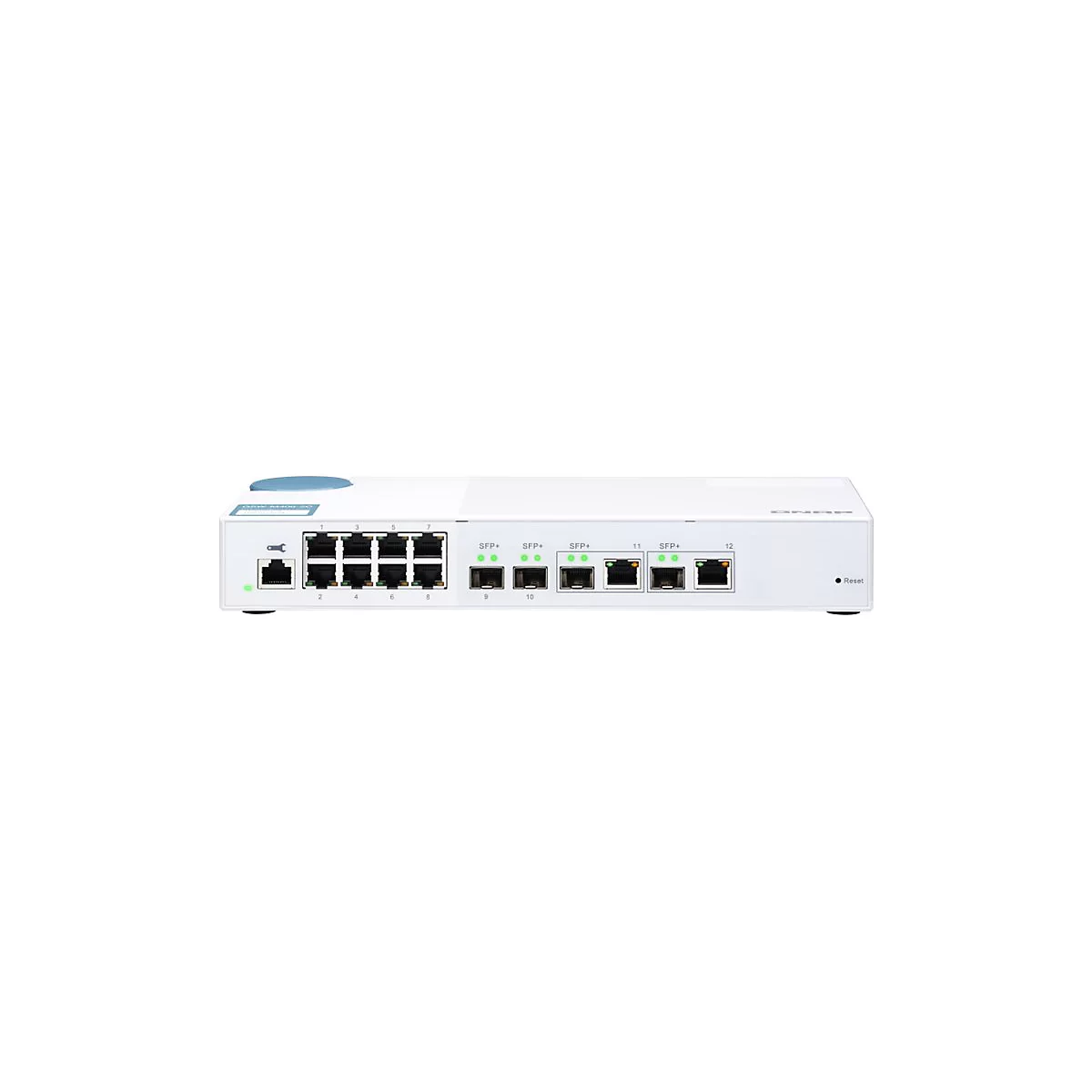 WeiÃŸes NetzwerkgerÃ¤t mit AnschlÃ¼ssen und LEDs, in einer Draufsicht. Reset-Knopf und Herstellerlogo erkennbar.