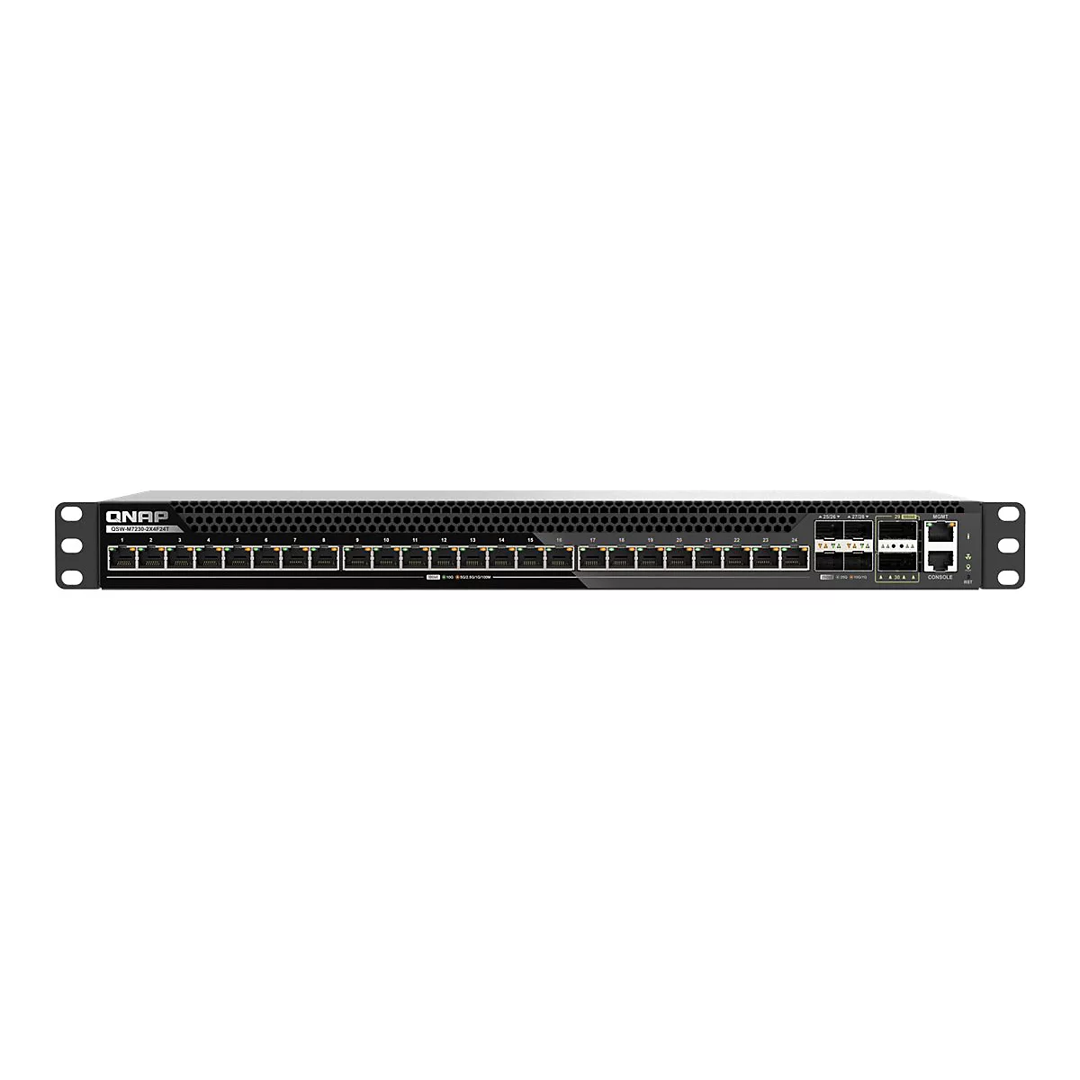 Schwarzer QNAP QSW-M7230-2X4F24T Netzwerk-Switch mit 24 Ports vor weißem Hintergrund.