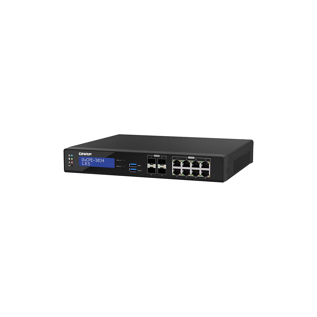 Schwarzer QNAP Router, vorne Text: QuCPE-3034, 1.0.5. Anschlüsse, USB und Ethernet.