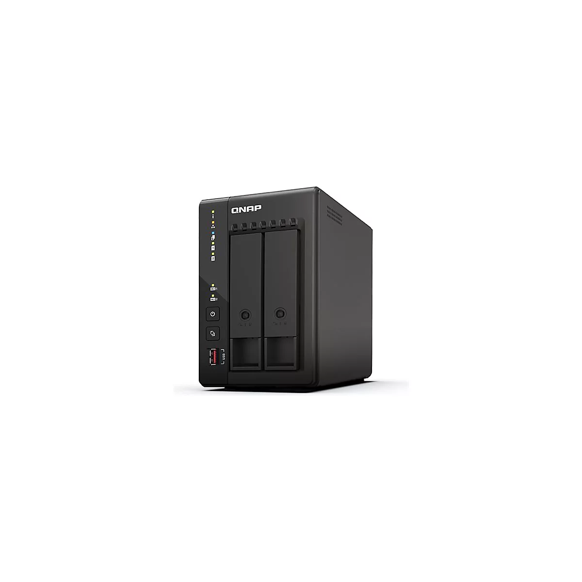 Système NAS QNAP noir, vue de face avec 2 baies de disques et indicateurs LED, port USB.