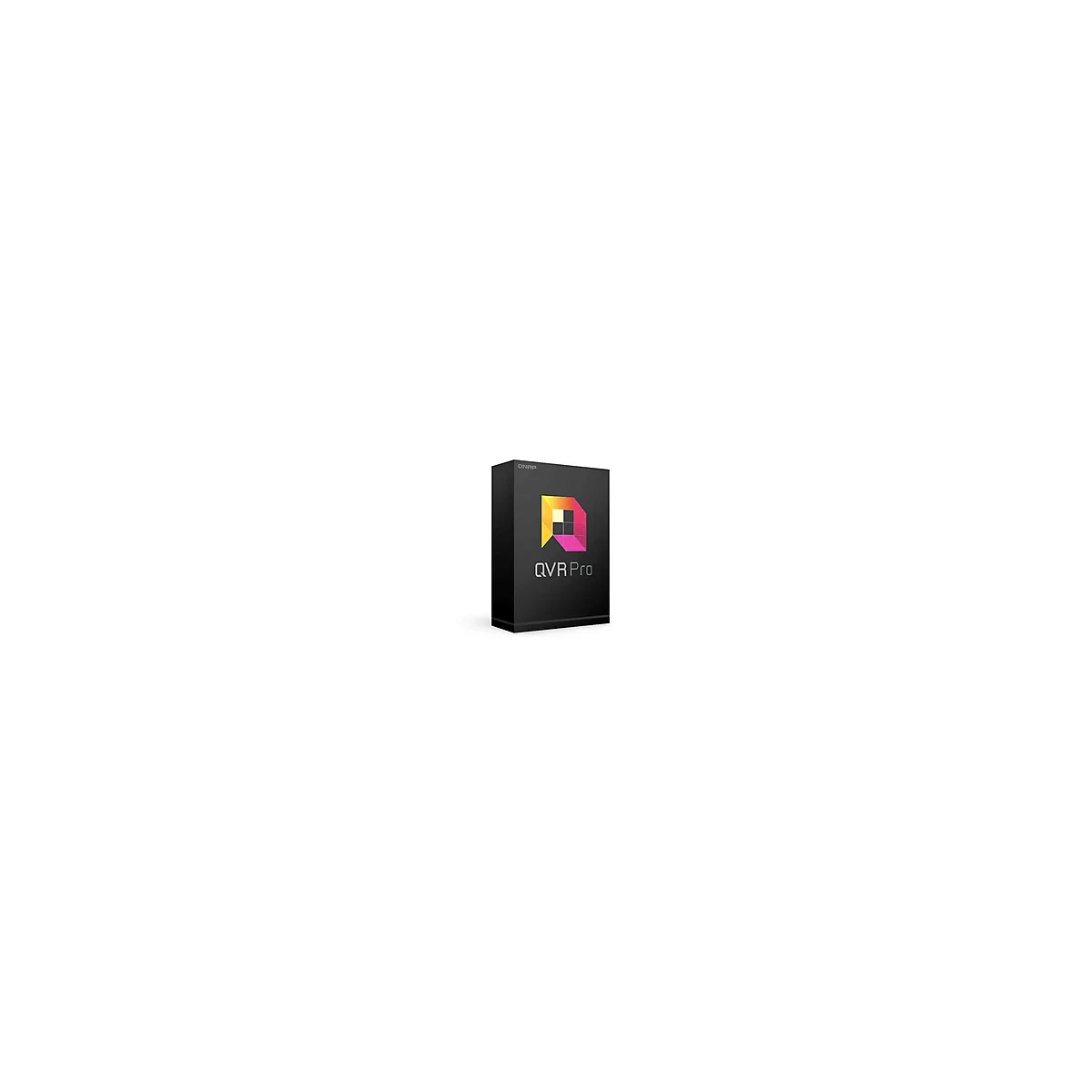 Schwarzer QVR Pro Softwarekarton mit farbigem Logo. Schriftzug QVR Pro.