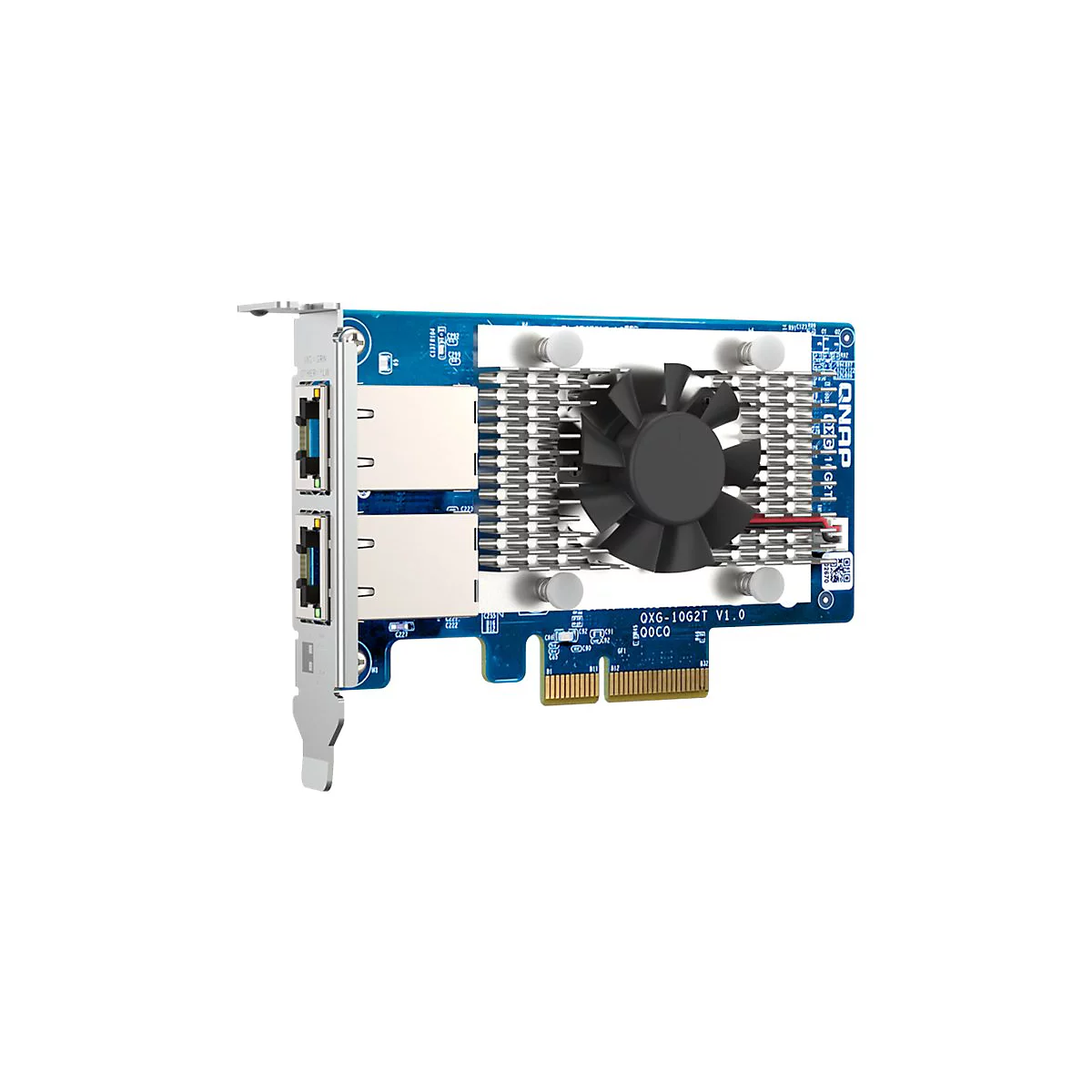 Eine blaue QNAP Netzwerkkarte mit zwei Ports, einem schwarzen Lüfter und silbernen Kühlrippen.