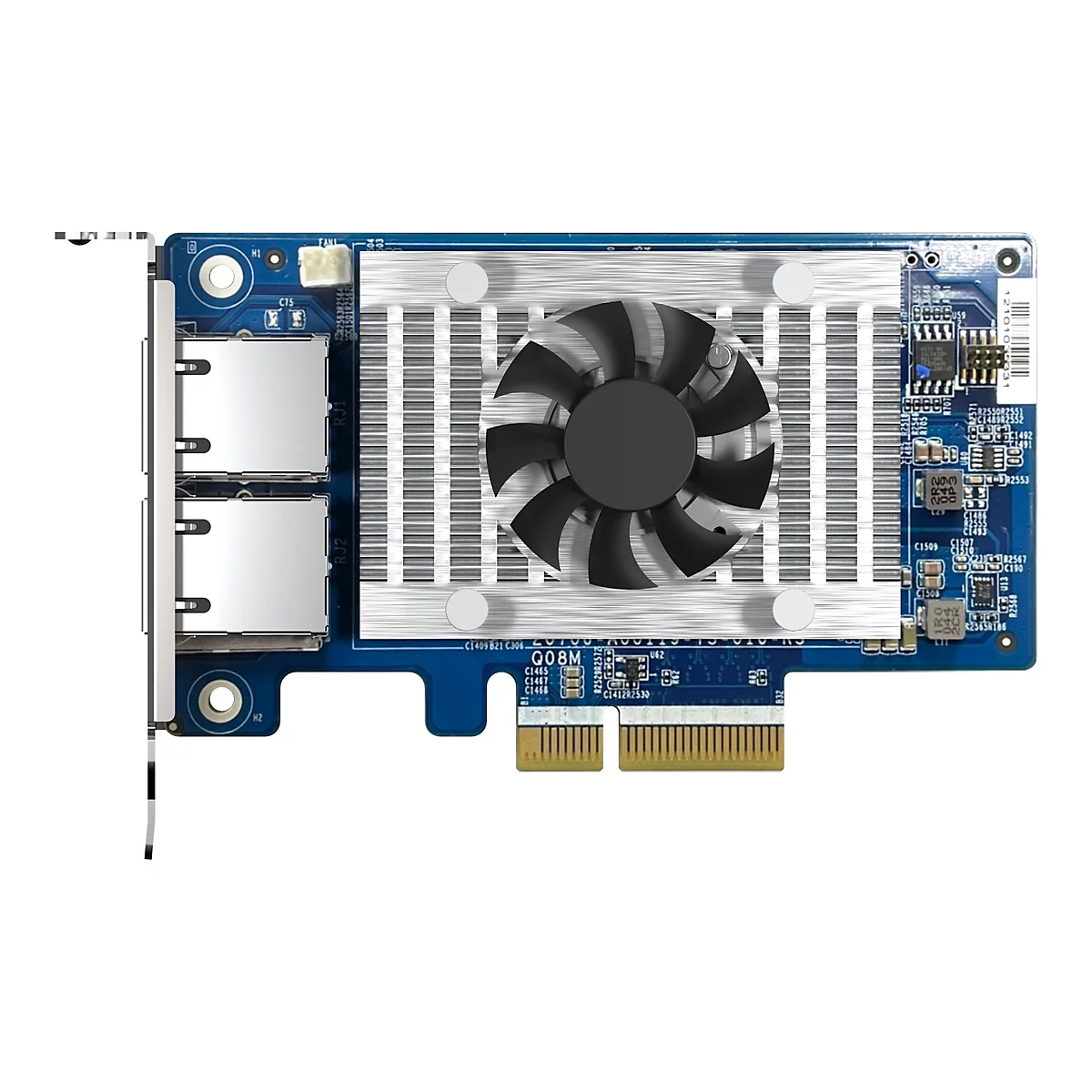 Une carte d'extension PC bleue avec dissipateur thermique, ventilateur, connecteurs et composants électroniques. La carte est représentée sur fond blanc.