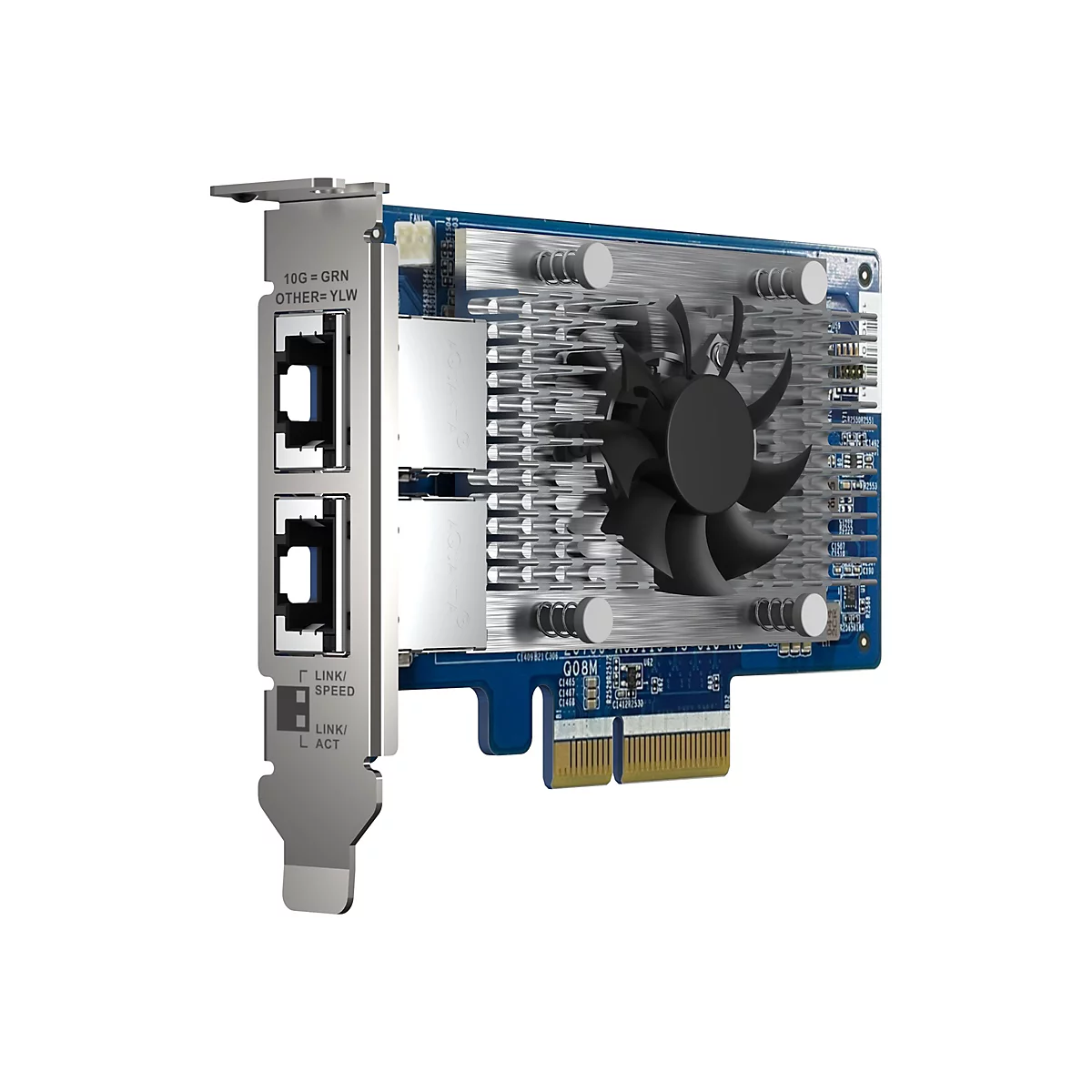 Gros plan d'une carte réseau avec dissipateur thermique, ventilateur et connecteurs. La majeure partie de l'image est occupée par une partie de circuit imprimé bleue avec des composants électroniques. Un ventilateur noir et un dissipateur thermique arg...