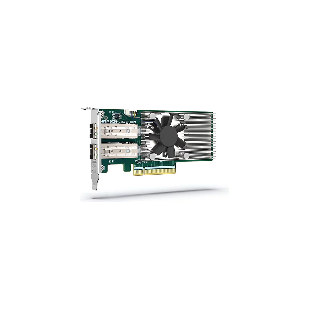 Qnap QXG-25G2SF-BCM Netzwerkerweiterungskarte mit zwei SFP28-Ports, Kühlkörper und schwarzem Lüfter.