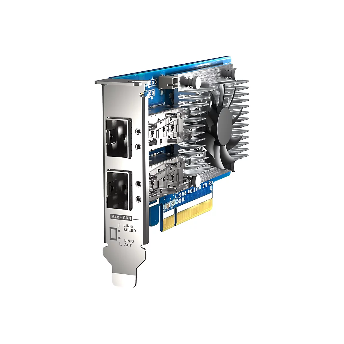 Netzwerkkarte mit zwei Ethernet-Anschlüssen, blauem PCB und Kühlkörper mit Lüfter vor weißem Hintergrund.