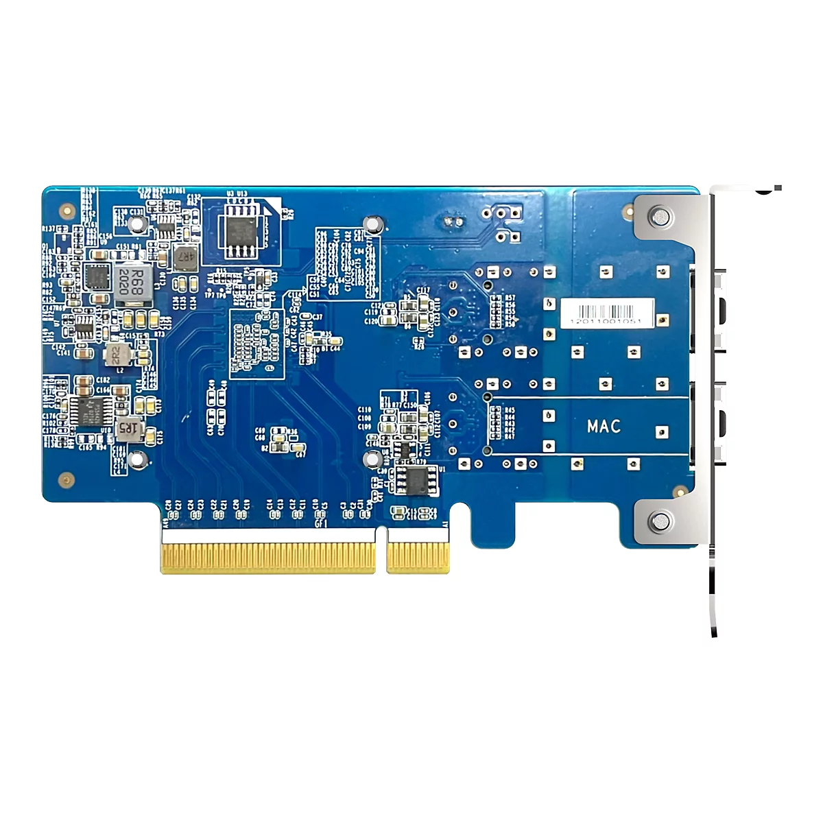 Blaue Netzwerk-Steckkarte für Computer mit goldfarbenen Kontakten und verschiedenen elektronischen Bauteilen.