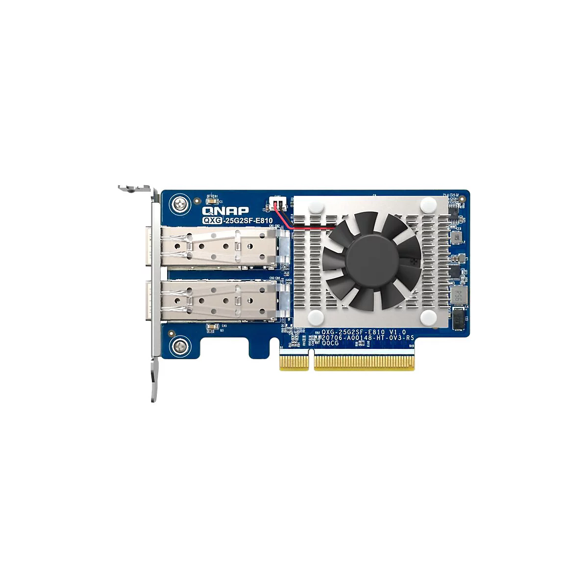 Blaue QNAP QXG-25G2SF-E810 Netzwerkkarte mit zwei SFP28-Ports und einem aktiven Kühlkörper mit Lüfter.