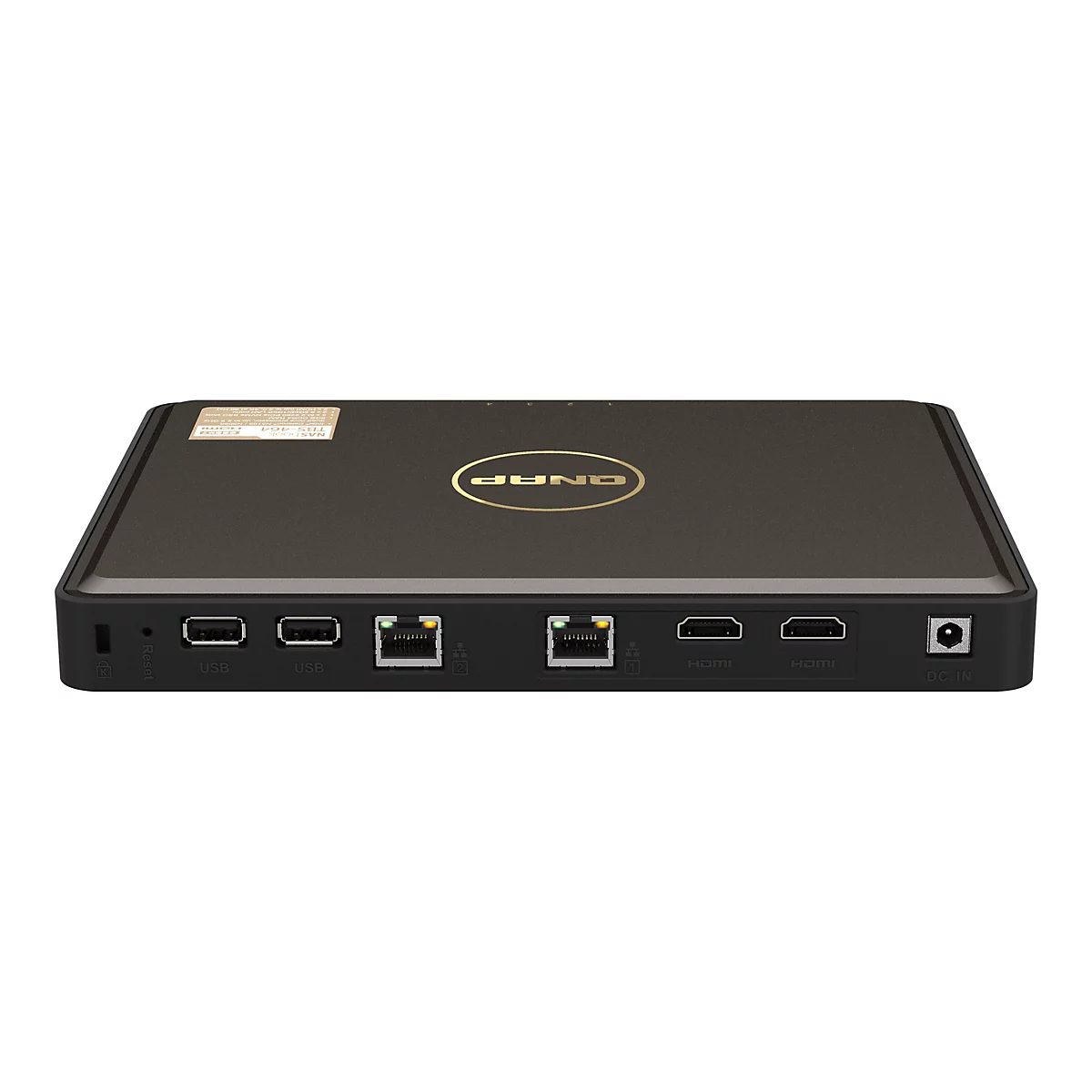 Dunkelgraue QNAP NASbook TBS-464. Auf der Vorderseite: Reset, USB-Anschlüsse, LAN-Anschlüsse, HDMI-Anschlüsse, und DC-IN. Oben: QNAP-Logo.