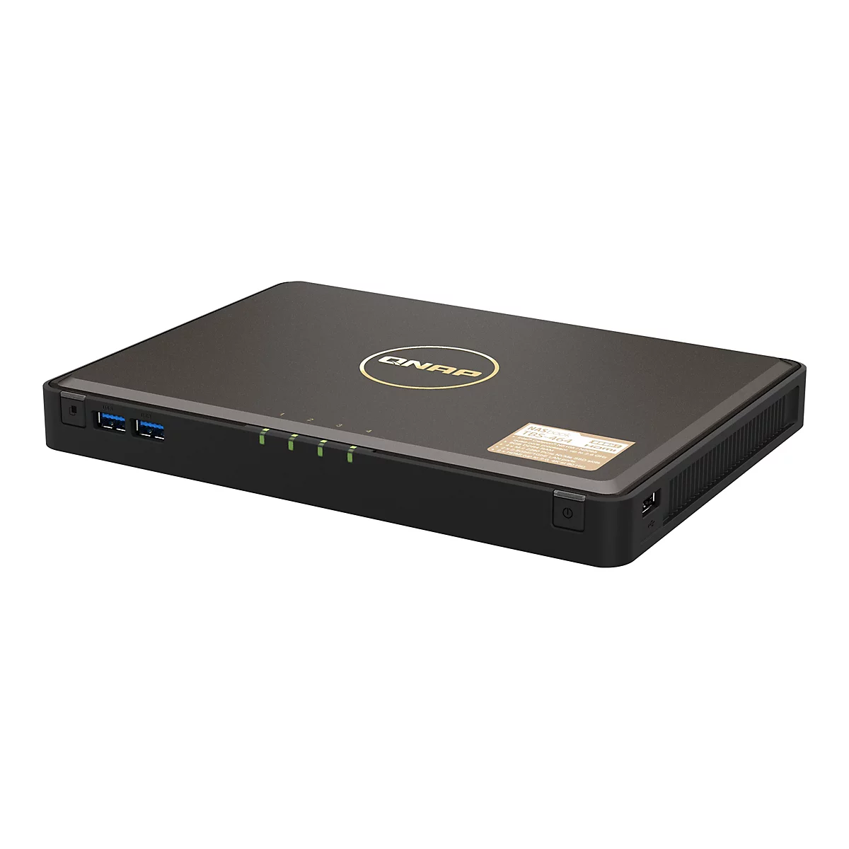 Serveur QNAP rectangulaire noir avec ports USB et voyants verts. Le logo QNAP est en haut.