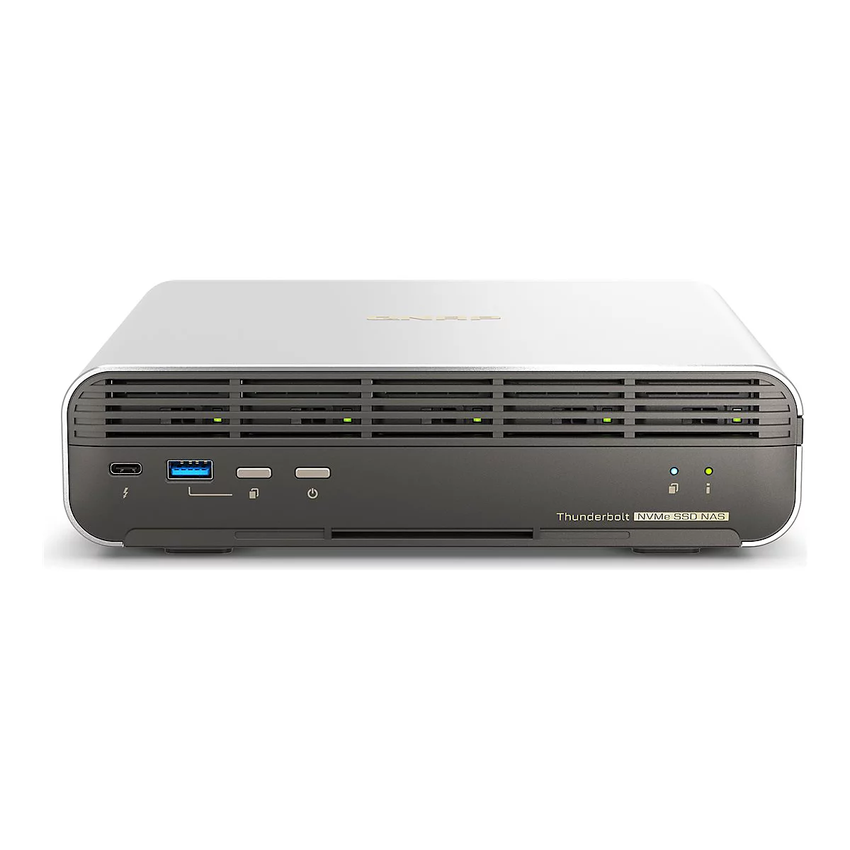 Silber-graues NAS-Gerät mit schwarzer Front und Logo, Thunderbolt NVMe SSD NAS-Schriftzug.