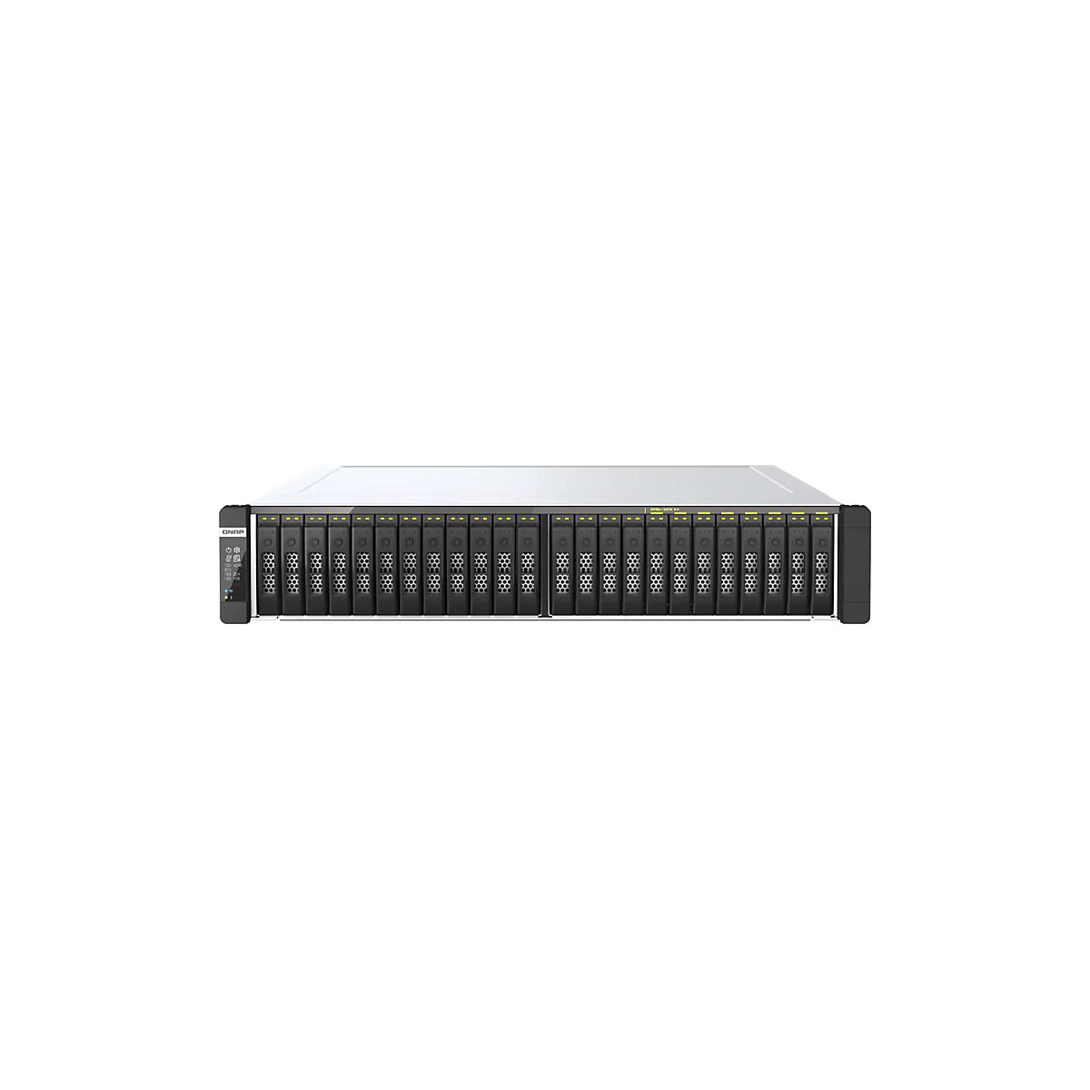 Ein Server-Rack mit schwarzen Einschüben für Festplatten, darauf grüne LEDs. Auf der linken Seite befindet sich das Logo "QNAP".