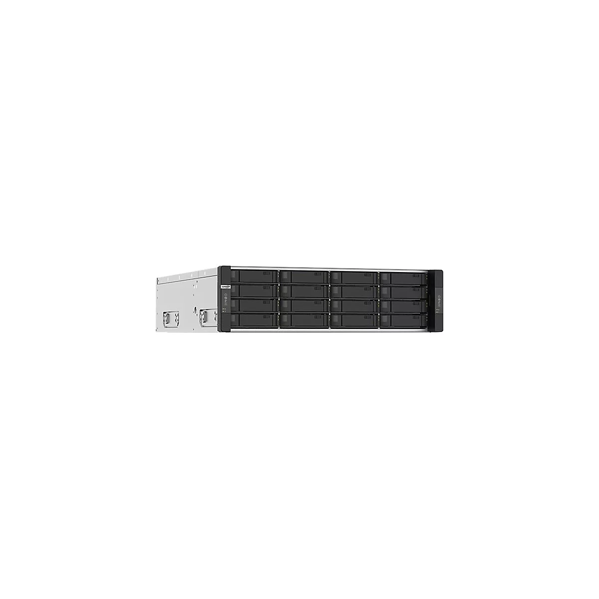 Ein Server-Rack mit schwarzen Einschüben. Auf der Front ist das QNAP Logo zu sehen.