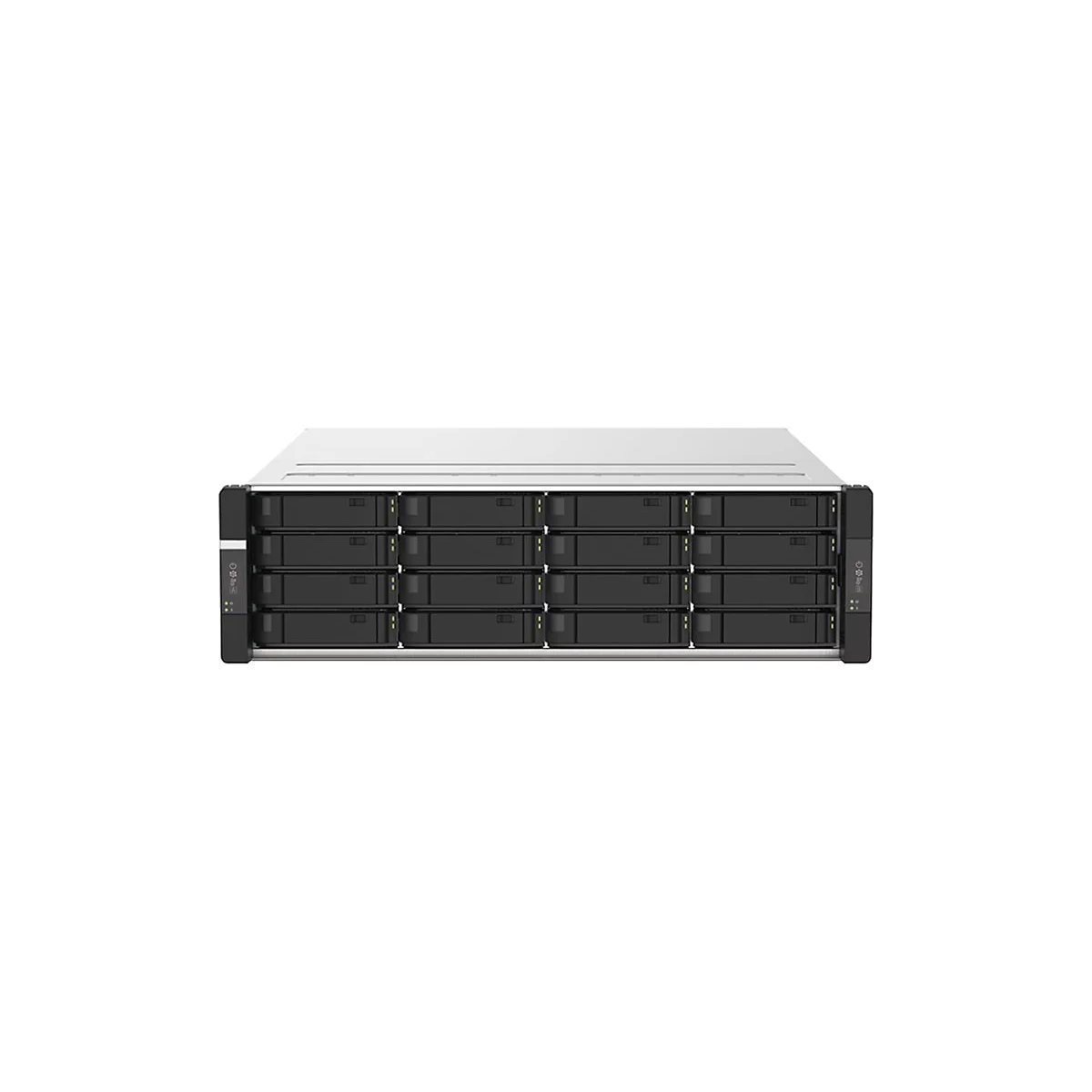 Ein Server-Rack mit schwarzen Einschüben. Gehäuse in Grau und Weiß, Front mit Anzeigen.