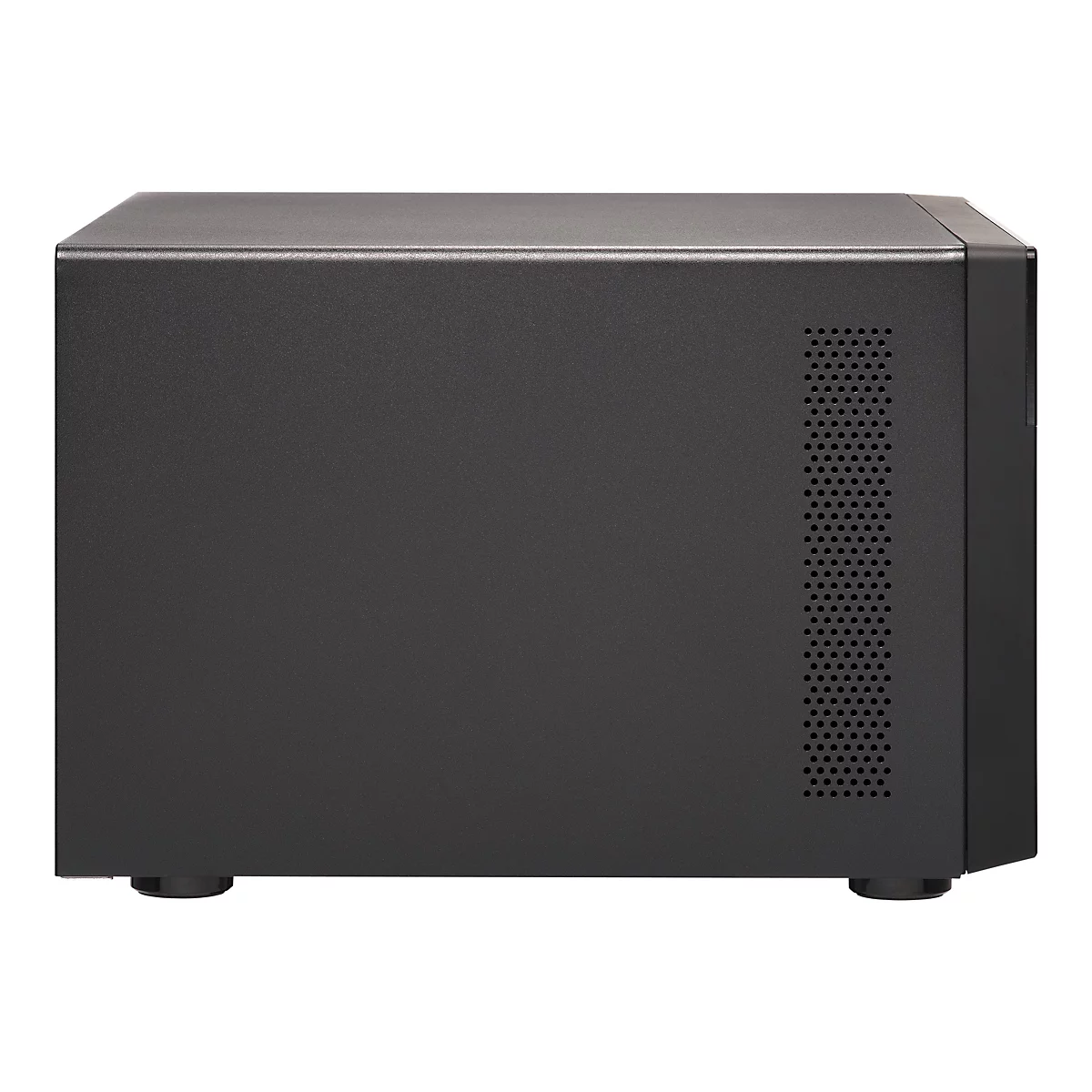 Vue latÃ©rale d'un serveur noir. Il a une forme rectangulaire et des trous sur le cÃ´tÃ© droit.